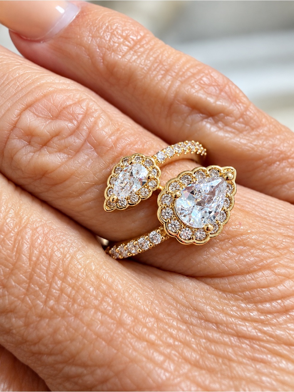 14k Gold Plated Teardrop Halo Open Ring with quality CZs- Women Jewelry Size 7
